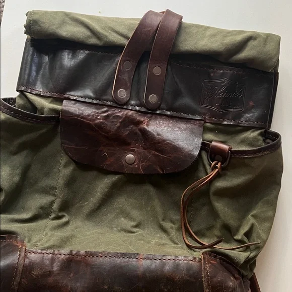 HEIMIE’S MADE Army Surplus Olive Waxed Canvas & Leather Men's Roll Top Backpack - Picture 6 of 6